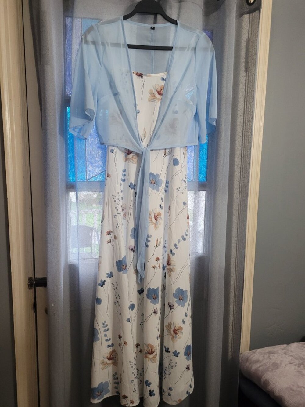 Floral Maxi Dress with Blue Sheer Overlay Size S
